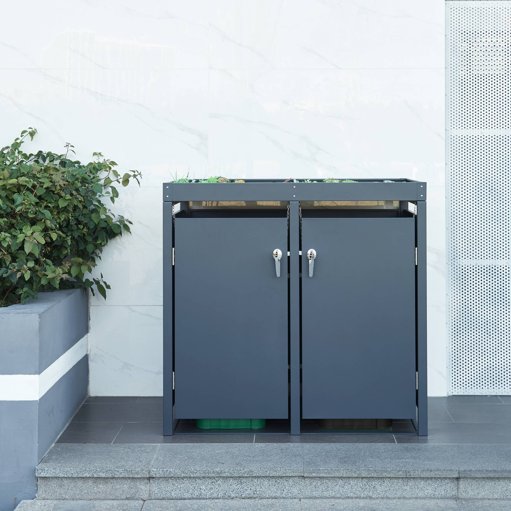 Cache-poubelle Valkeakoski pour 2 poubelles de 120 L acier galvanisé 110 x 115 x 62 cm anthracite en.casa - Image 3