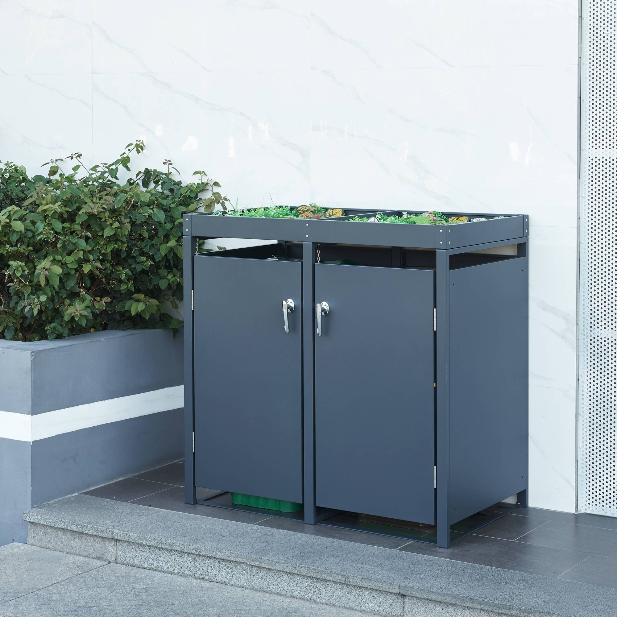 Cache-poubelle Valkeakoski pour 2 poubelles de 120 L acier galvanisé 110 x 115 x 62 cm anthracite en.casa - Image 2