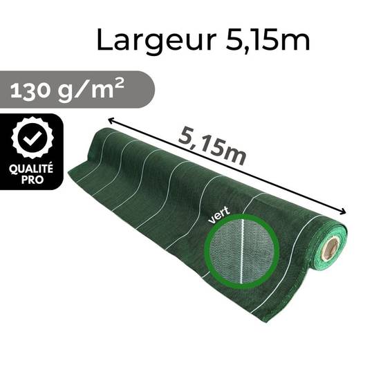 Toile de paillage 130g/m2 Longueur 5m Largeur 5,15m anti mauvaises herbes Geotextile Vert ZENLYS Grande Largeur 5M très épaisse - Image 2