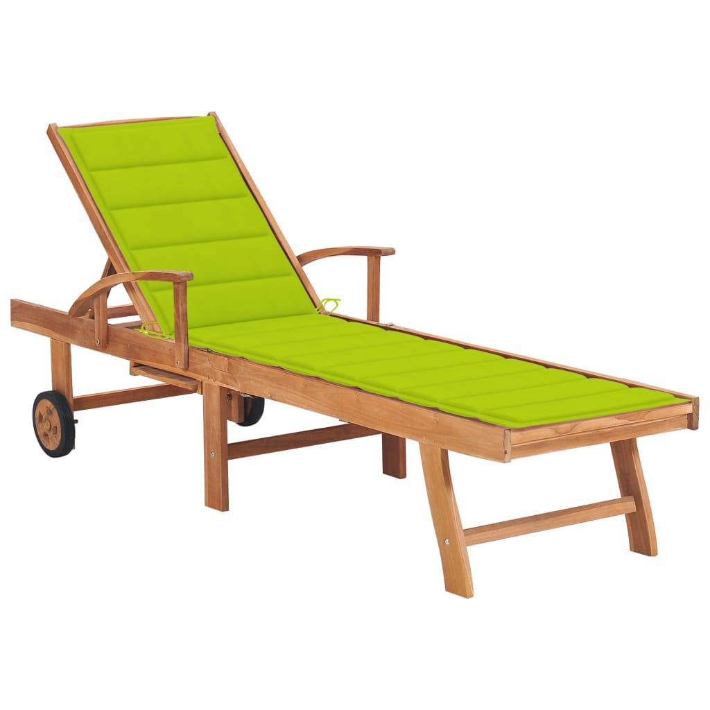 Helloshop26 - Transat chaise longue bain de soleil lit de jardin terrasse meuble d'extérieur avec coussin vert vif bois de teck solide - Image 1