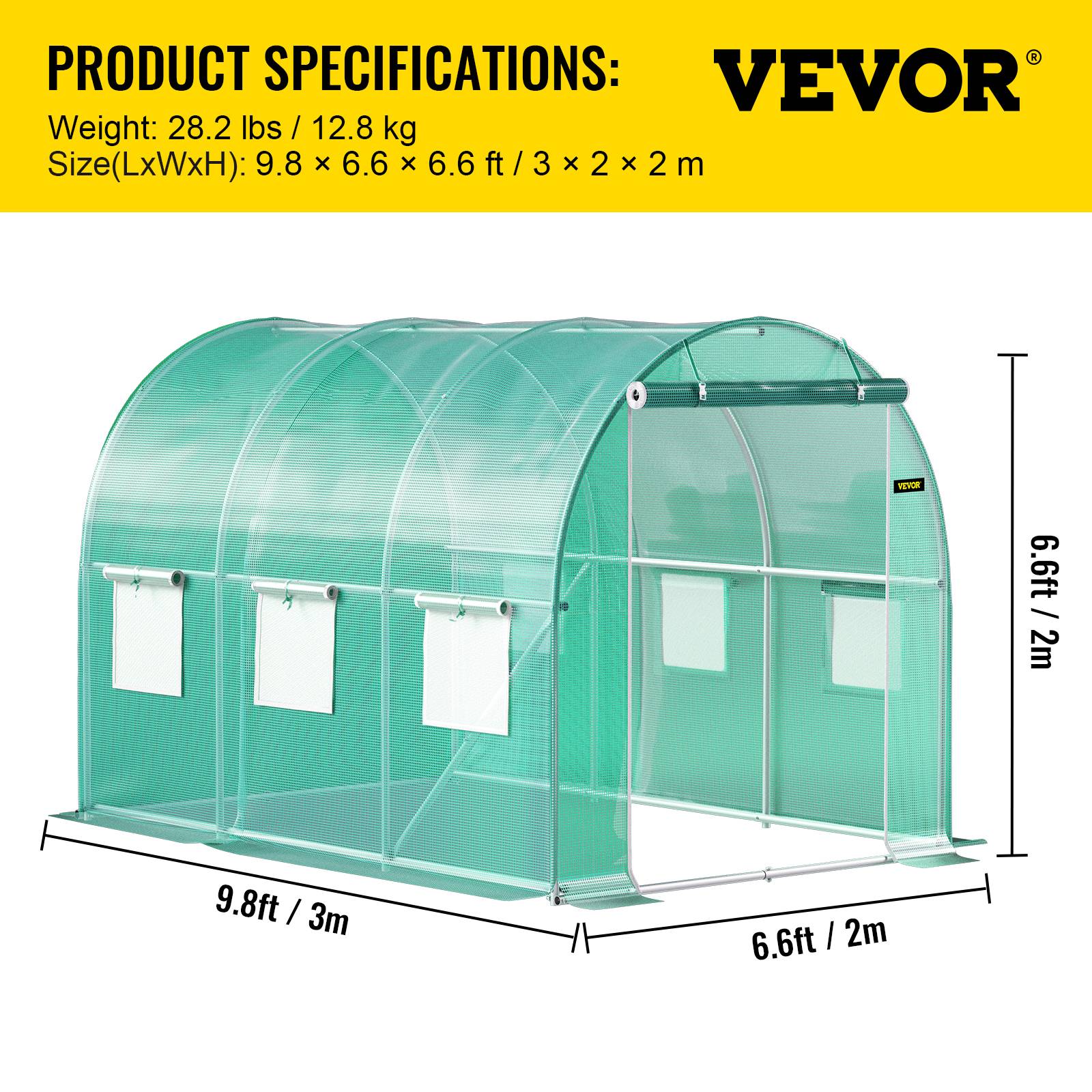 VEVOR Serre tunnel jardin 3x2,1x2,1 m, cadre acier galvanisé, couverture PE étanche, 1 porte, 6 fenêtres. - Image 7