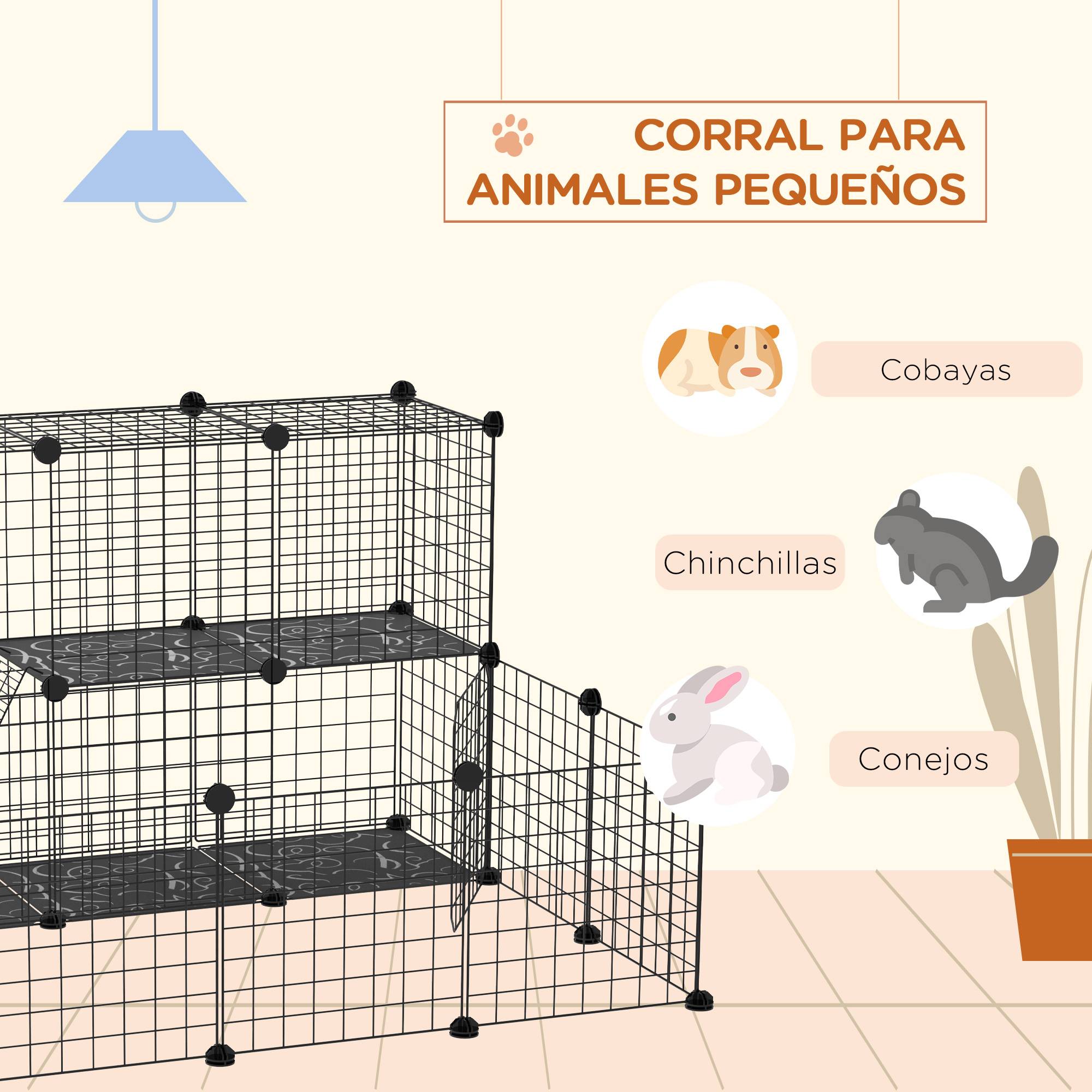 Cage modulaire pour petits animaux (cochons d'Inde, lapins, chinchillas) avec 24 panneaux et 2 portes, 105 x 105 x 70 cm, noire - Image 7