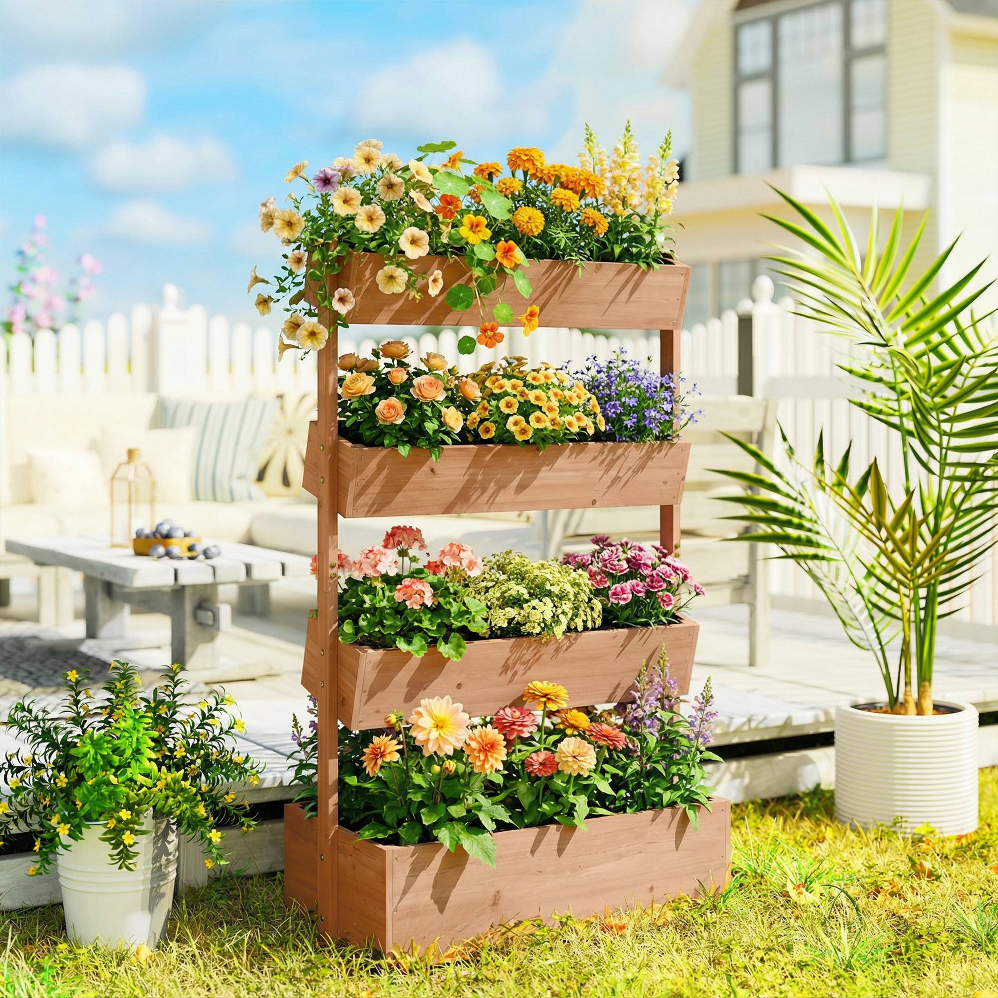 Jardinière Surélevée en Bois avec 4 Étages, avec Trous de Drainage et Doublure en Tissu, 85x45x140cm, Marron - Image 3
