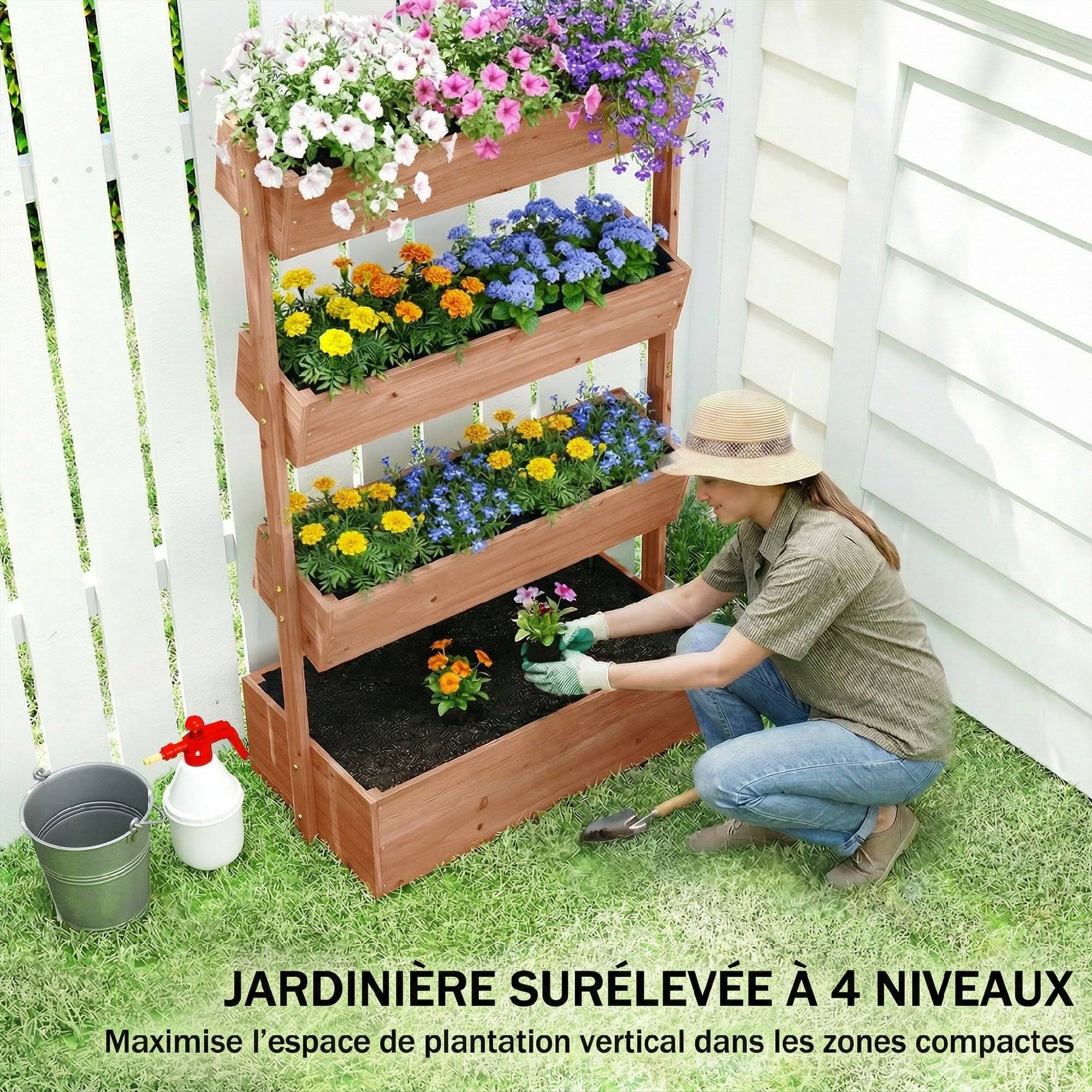 Jardinière Surélevée en Bois avec 4 Étages, avec Trous de Drainage et Doublure en Tissu, 85x45x140cm, Marron - Image 6