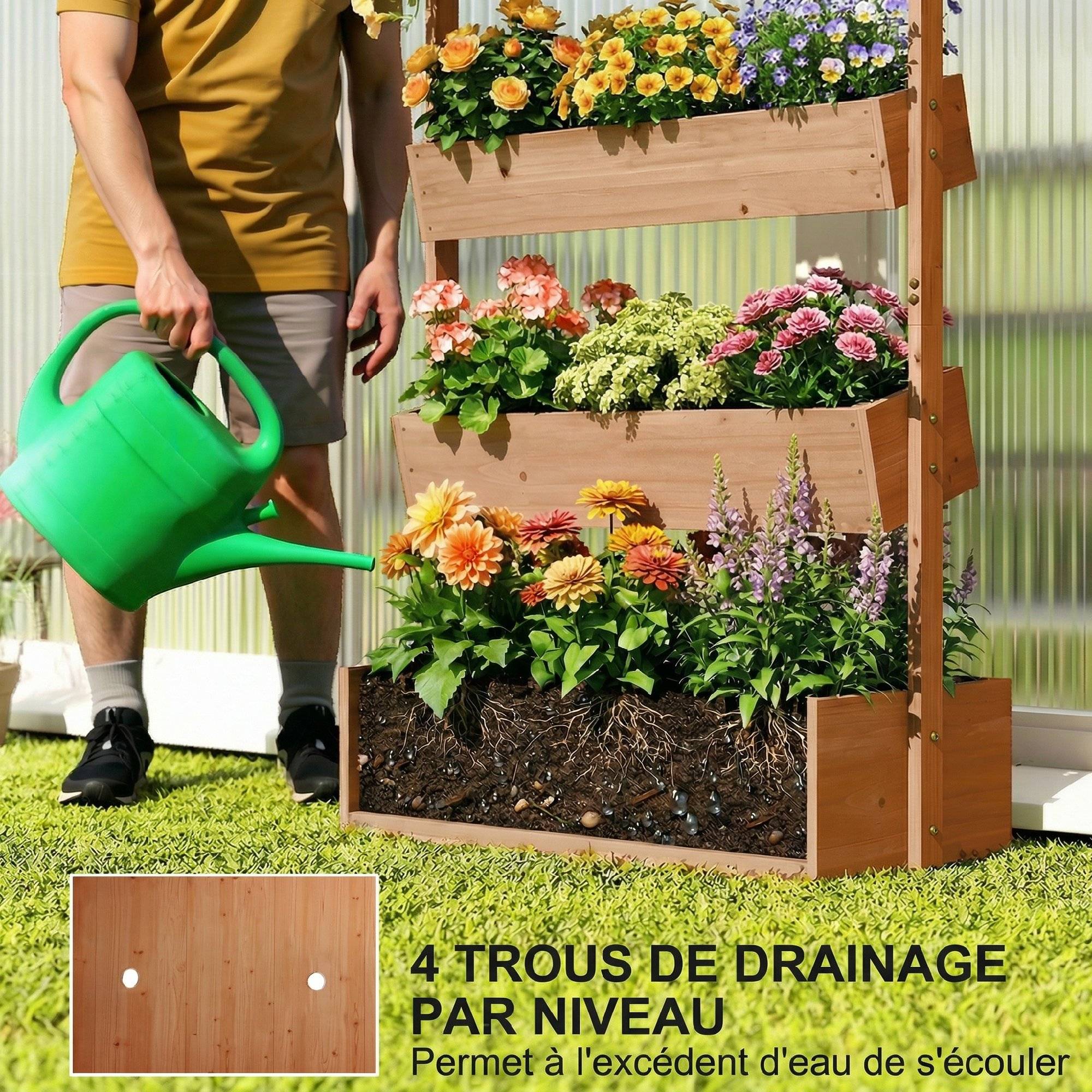 Jardinière Surélevée en Bois avec 4 Étages, avec Trous de Drainage et Doublure en Tissu, 85x45x140cm, Marron - Image 8