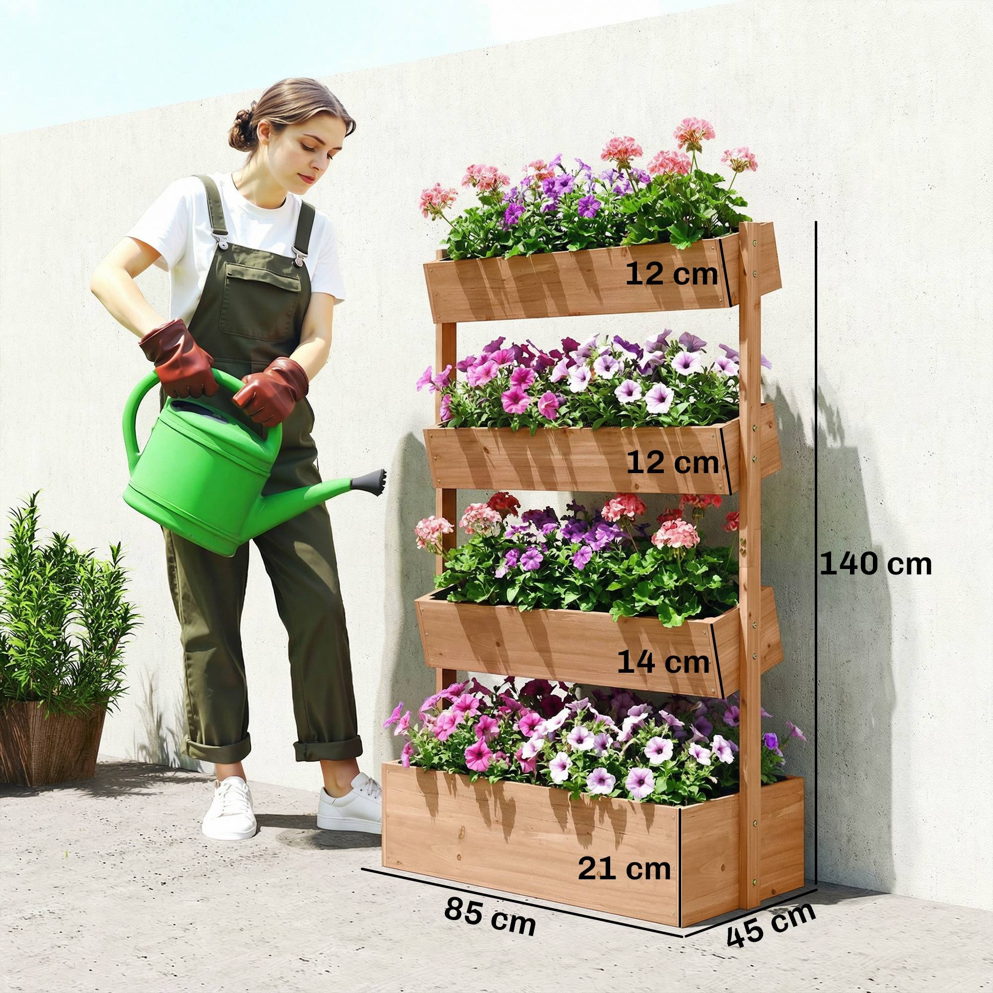 Jardinière Surélevée en Bois avec 4 Étages, avec Trous de Drainage et Doublure en Tissu, 85x45x140cm, Marron - Image 5