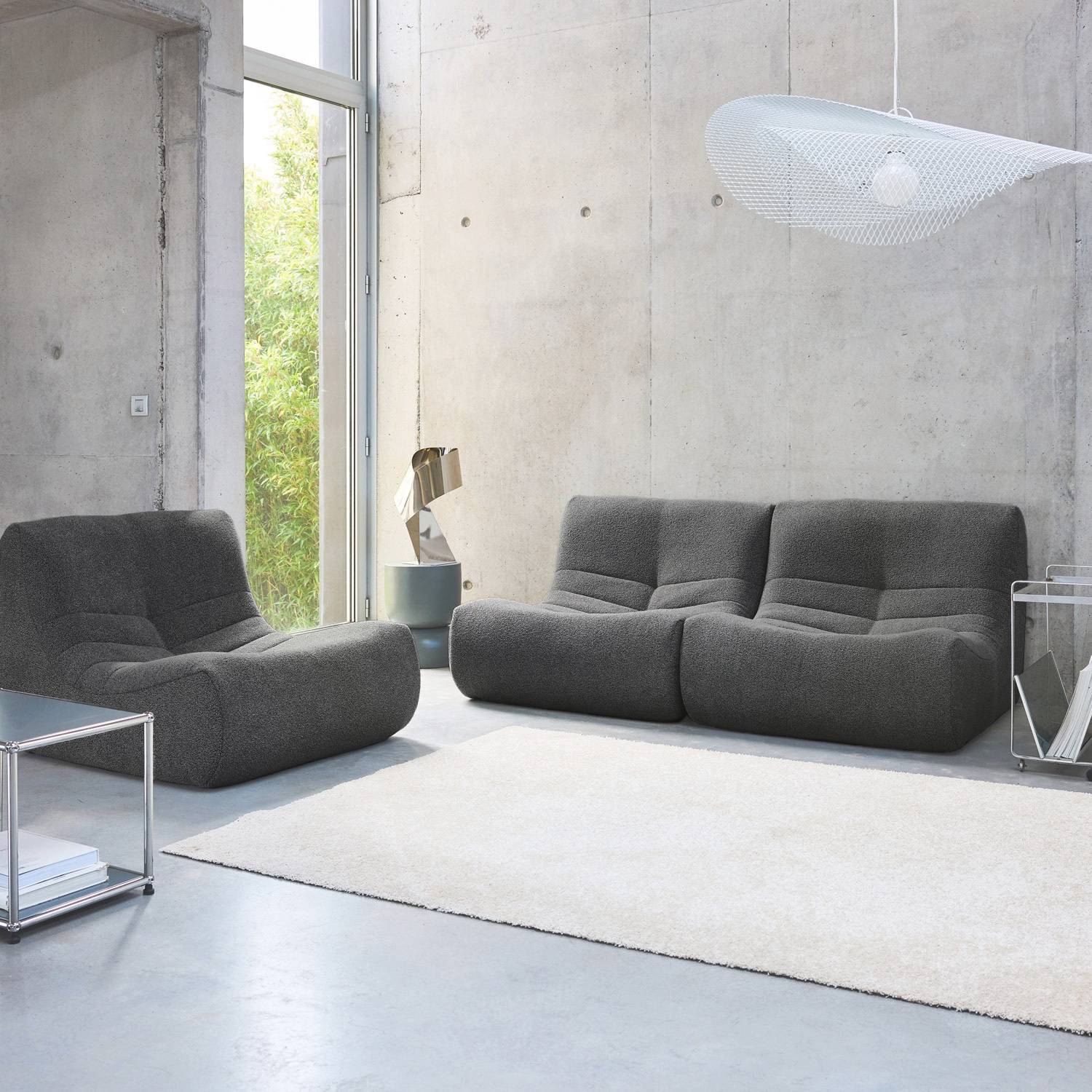 sweeek - Lot de 3 fauteuils chauffeuses en bouclette texturée anthracite style contemporain 1 place | sweeek - Image 1