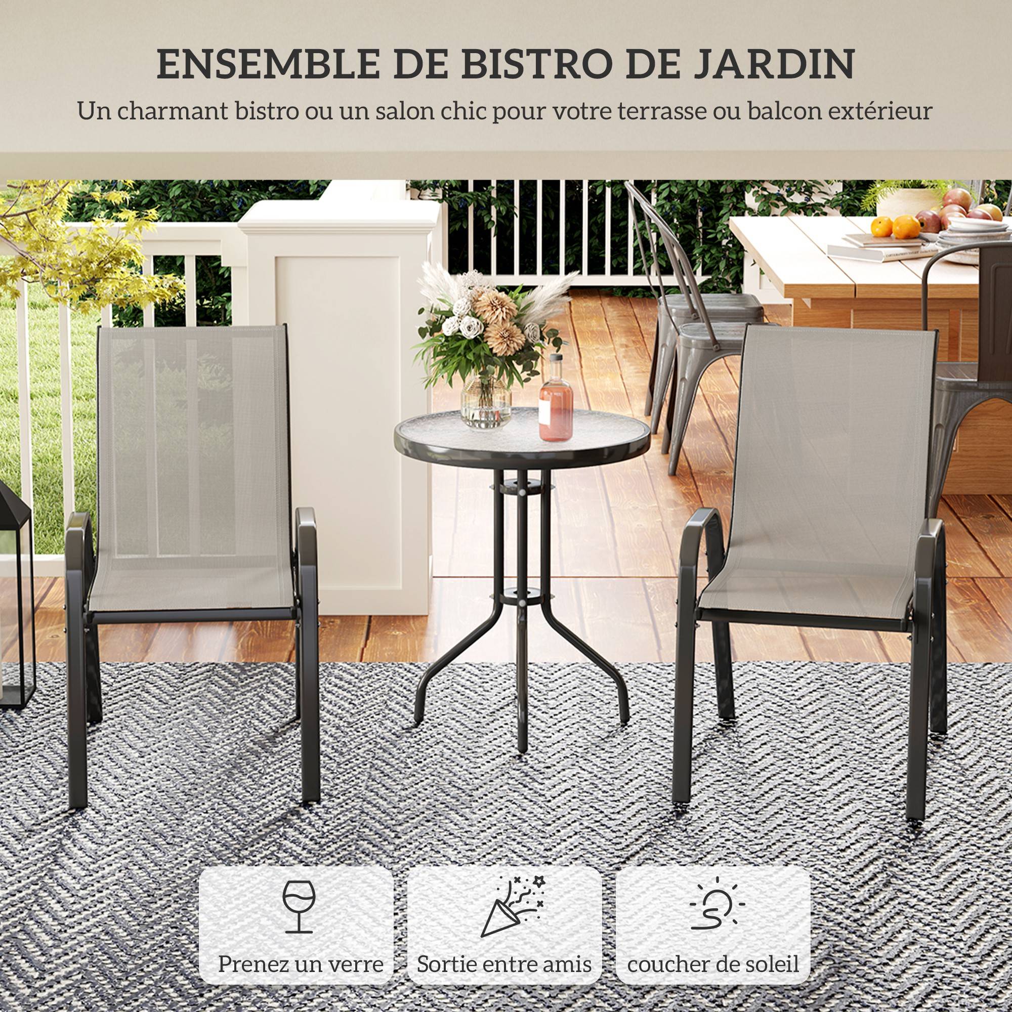 3 pièces salon de jardin extérieur ensemble de meubles 2 fauteuils empilables table basse dessus verre trempé gris clair - Image 6