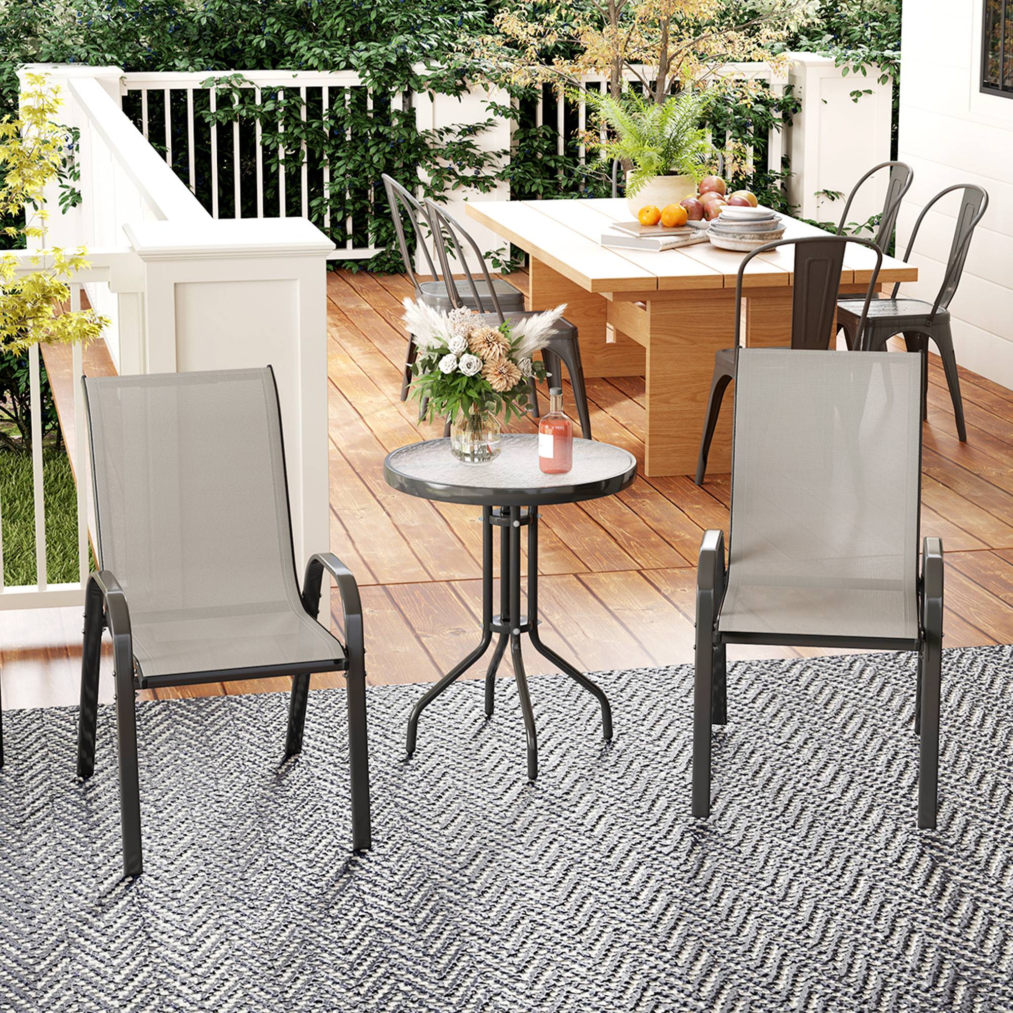 3 pièces salon de jardin extérieur ensemble de meubles 2 fauteuils empilables table basse dessus verre trempé gris clair - Image 3