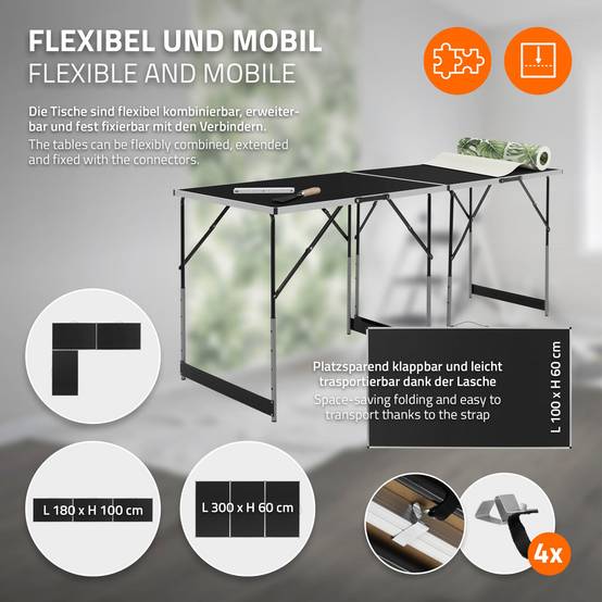 Set de 3 Tables à Tapisser 100x60 cm, Pliable, Noir, Réglable en Hauteur, Table Multifonctions en Aluminium - Image 6