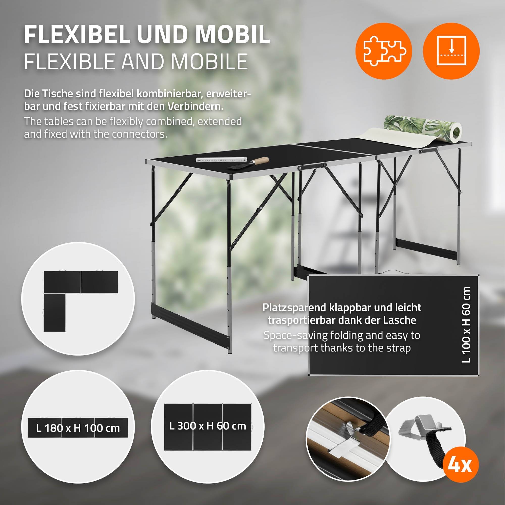 Set de 3 Tables à Tapisser 100x60 cm, Pliable, Noir, Réglable en Hauteur, Table Multifonctions en Aluminium - Image 6