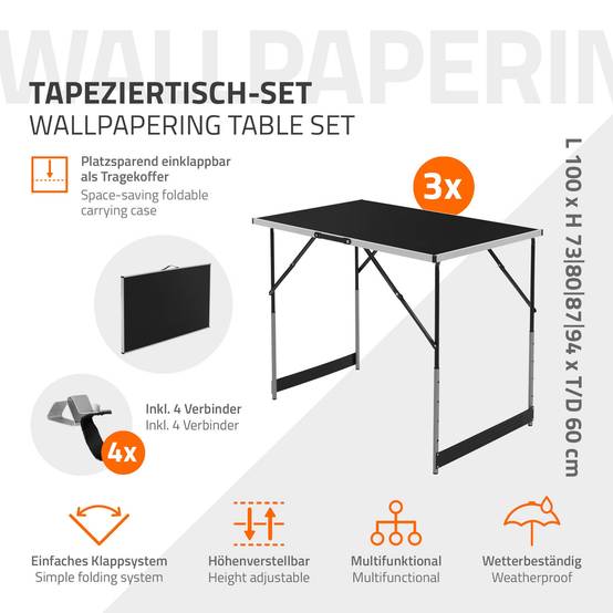 Set de 3 Tables à Tapisser 100x60 cm, Pliable, Noir, Réglable en Hauteur, Table Multifonctions en Aluminium - Image 3