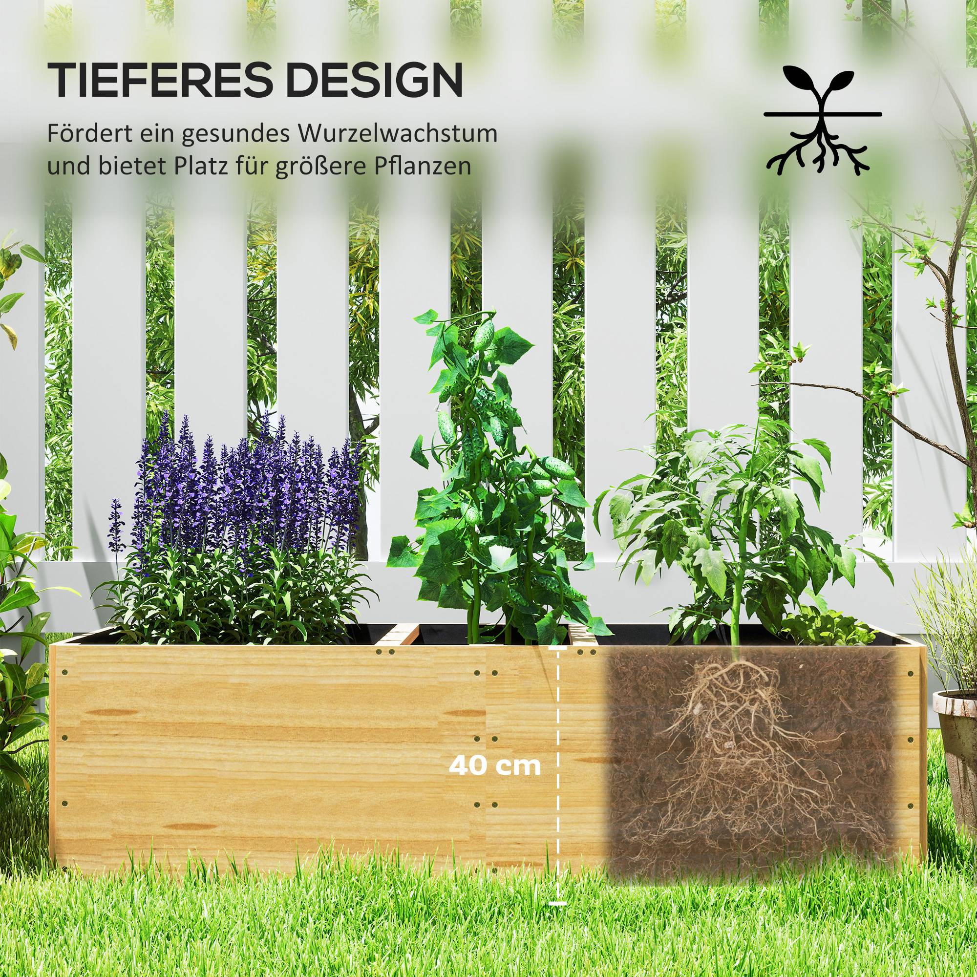 Grand carré potager bois jardin 3 zones culture légumes fleurs 140x60x40cm bois naturel - ComfortXL Outdoor Living - Image 7