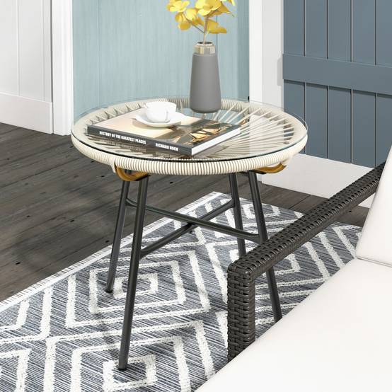 ComfortXL - Table basse ronde jardin métal aspect rotin balcon plateau verre trempé crème - ComfortXL Outdoor Living - Image 3