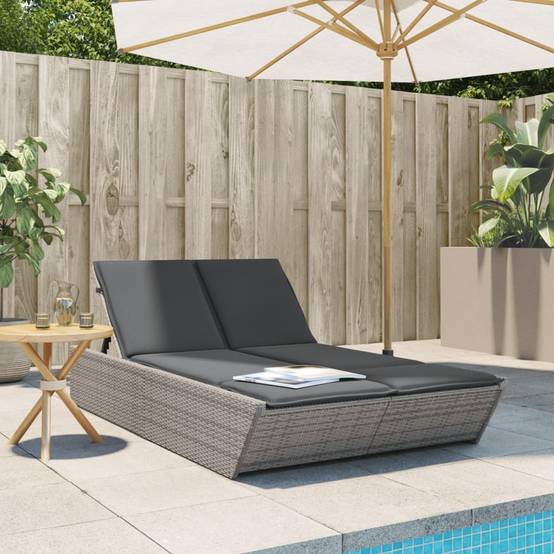Chaise longue double résine tressée coussins gris 118 x 200 x 50.5/62.5/73.5/83 cm - PANGIVO - Image 1