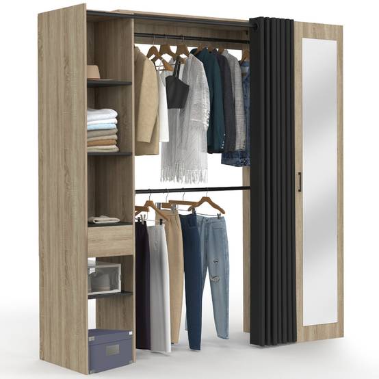 Dressing extensible MERYL 145/170 x 50 x 180 cm hêtre avec étagères + double penderie + miroir + rideau noir - Image 2