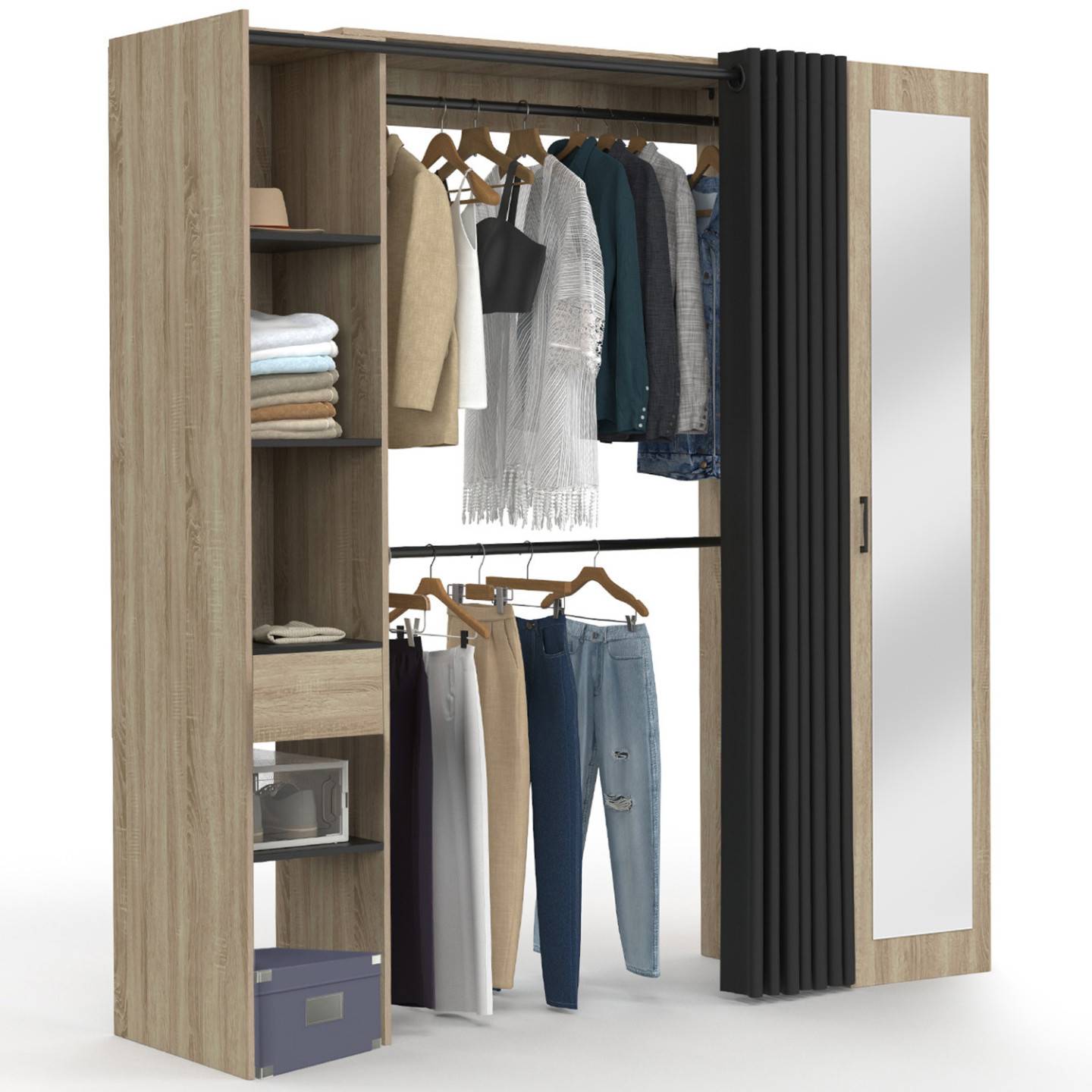 Dressing extensible MERYL 145/170 x 50 x 180 cm hêtre avec étagères + double penderie + miroir + rideau noir - Image 2