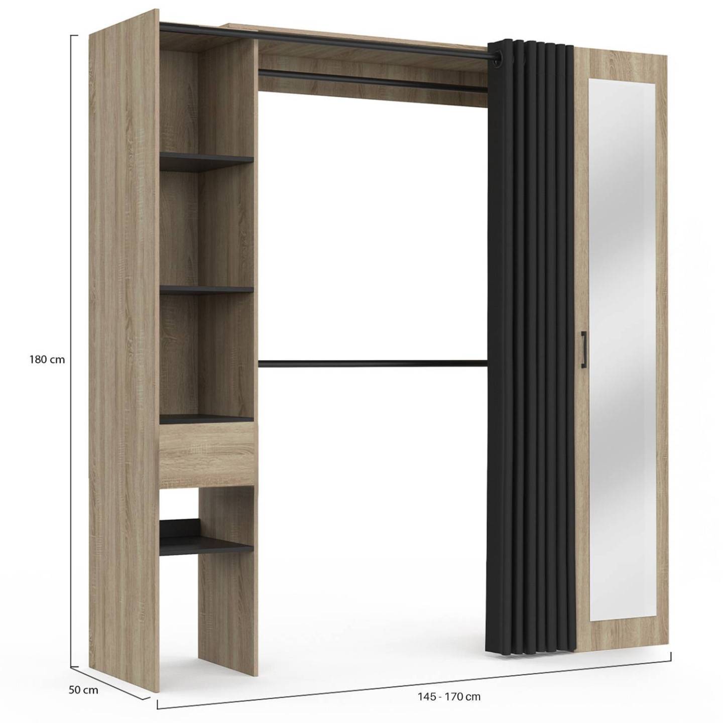 Dressing extensible MERYL 145/170 x 50 x 180 cm hêtre avec étagères + double penderie + miroir + rideau noir - Image 4