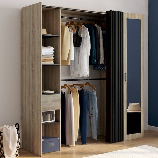 Dressing extensible MERYL 145/170 x 50 x 180 cm hêtre avec étagères + double penderie + miroir + rideau noir - Image 1