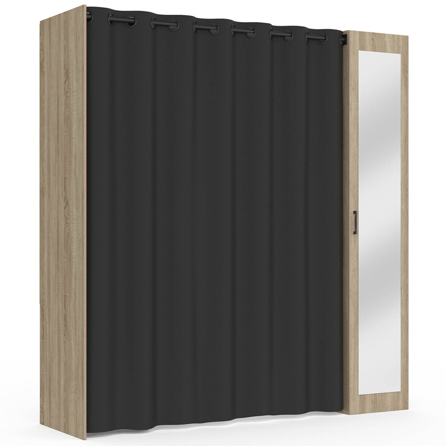 Dressing extensible MERYL 145/170 x 50 x 180 cm hêtre avec étagères + double penderie + miroir + rideau noir - Image 5