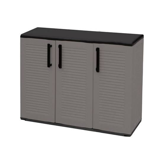 Dmora - Armoire d'extérieur Gesves, Armoire de balcon polyvalente, Armoire d'extérieur 3 portes, 102x37h84 cm, Gris et Noir, Finition rayée - Dmora - Image 4
