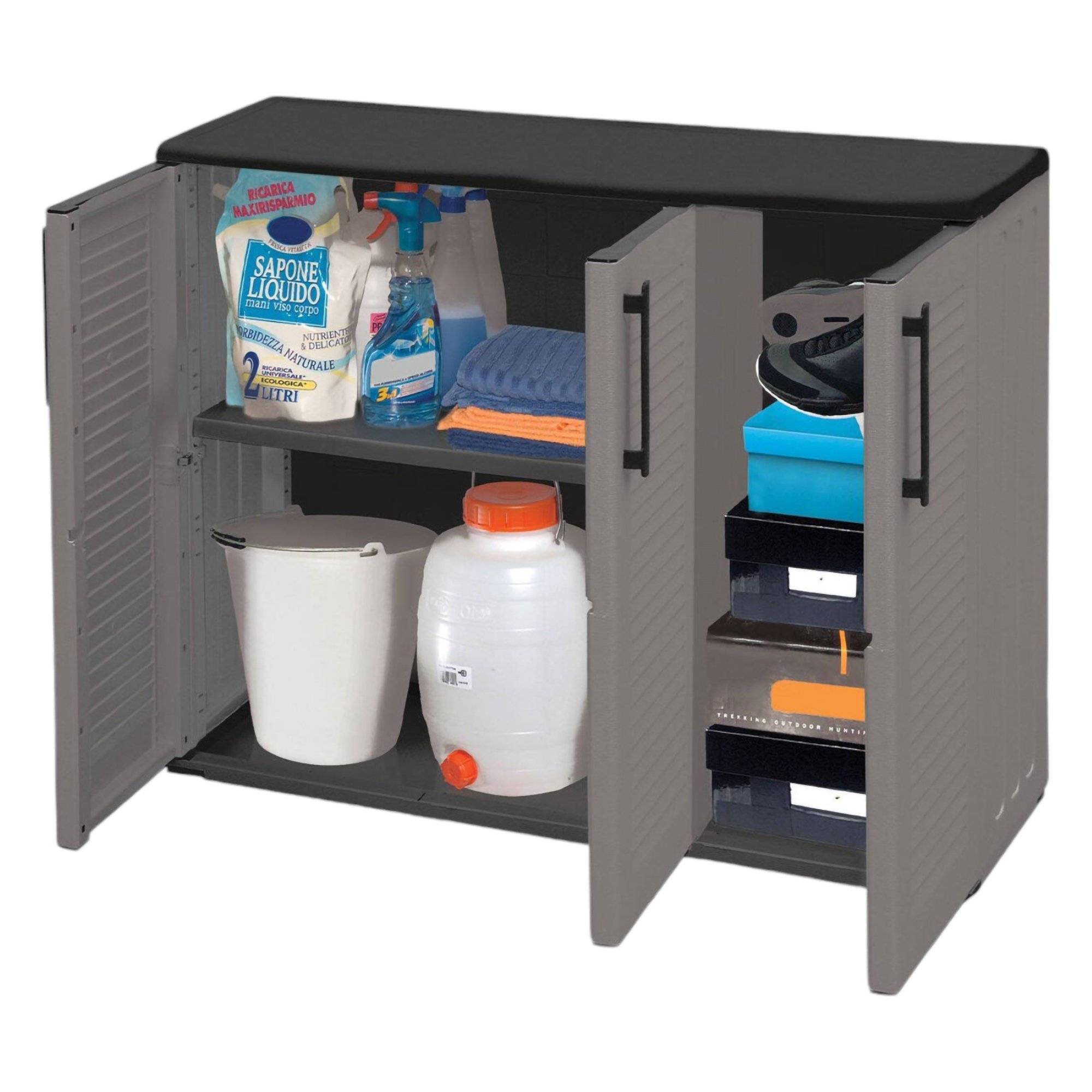 Dmora - Armoire d'extérieur Gesves, Armoire de balcon polyvalente, Armoire d'extérieur 3 portes, 102x37h84 cm, Gris et Noir, Finition rayée - Dmora - Image 1