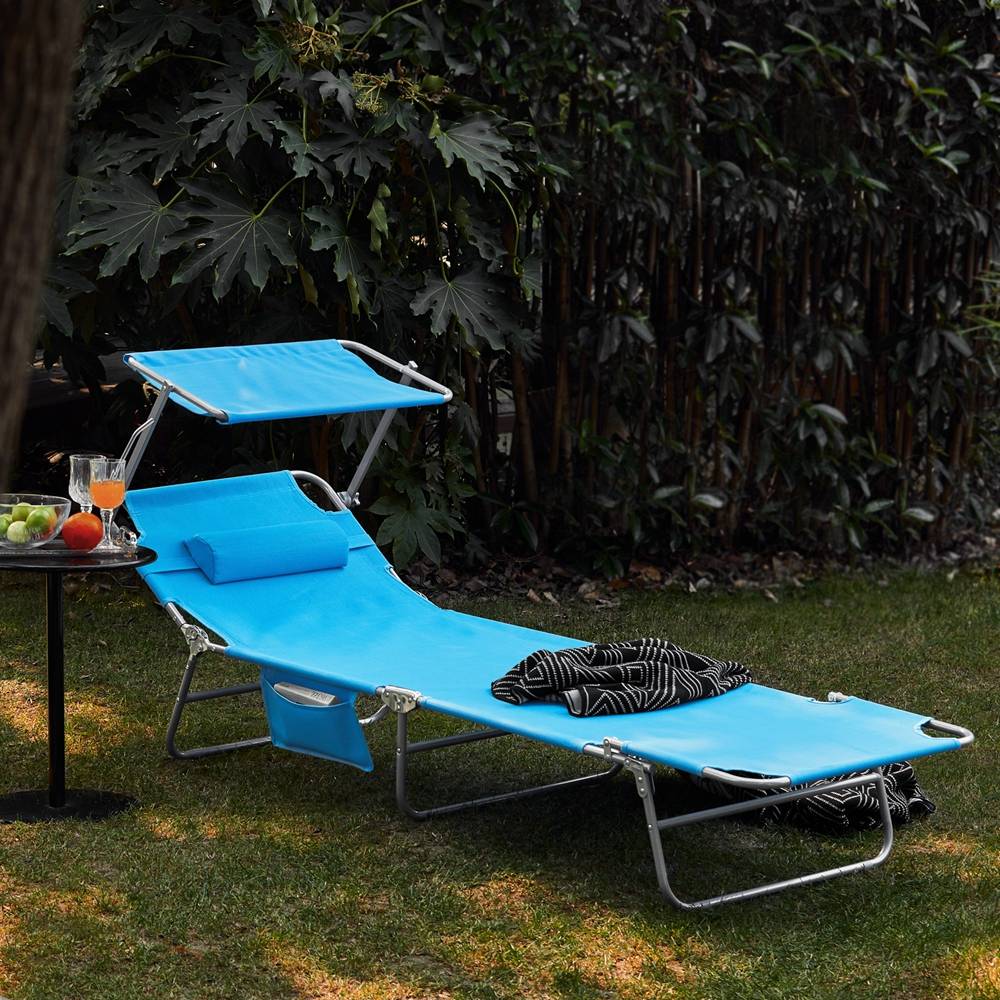Bain de Soleil Transat de Jardin avec Appui-tête et Pochette latérale Pliable, Réglable et Inclinable Bleu L.198 x l.63 x H.65 cm SoBuy - Image 2