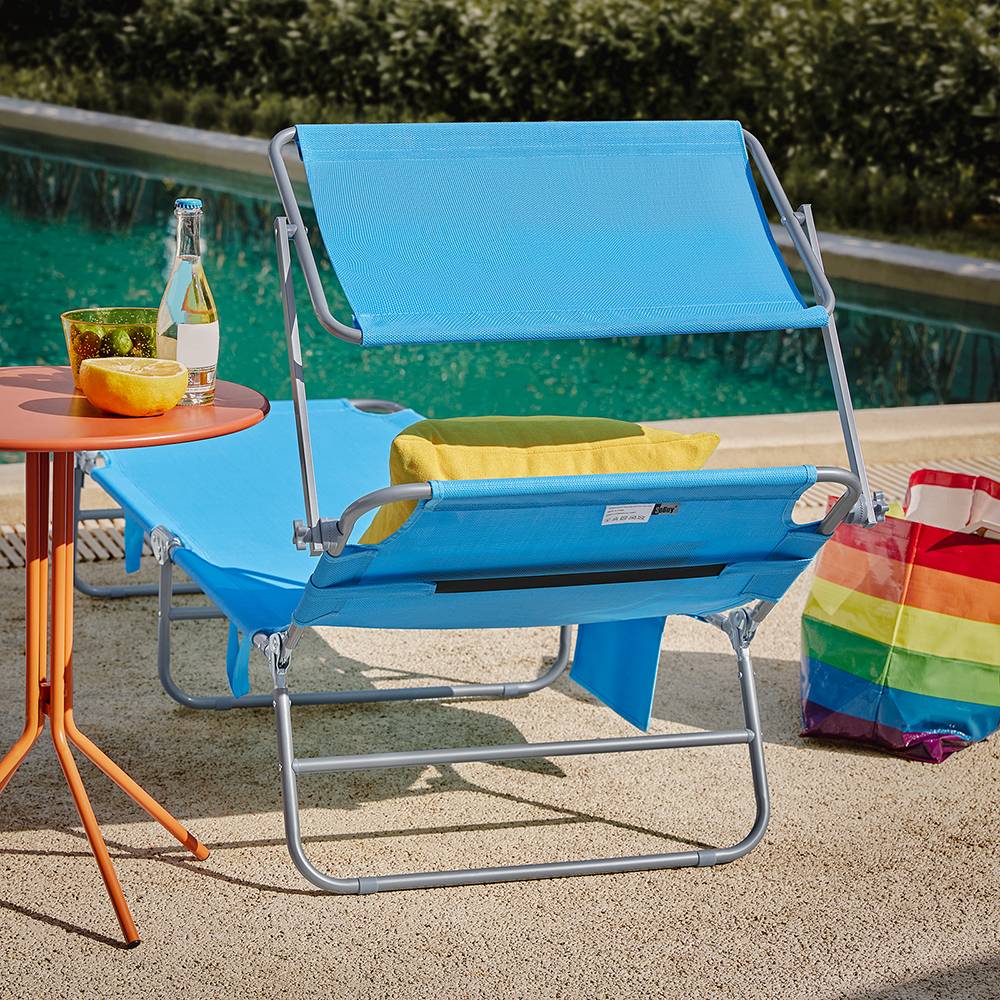 Bain de Soleil Transat de Jardin avec Appui-tête et Pochette latérale Pliable, Réglable et Inclinable Bleu L.198 x l.63 x H.65 cm SoBuy - Image 9