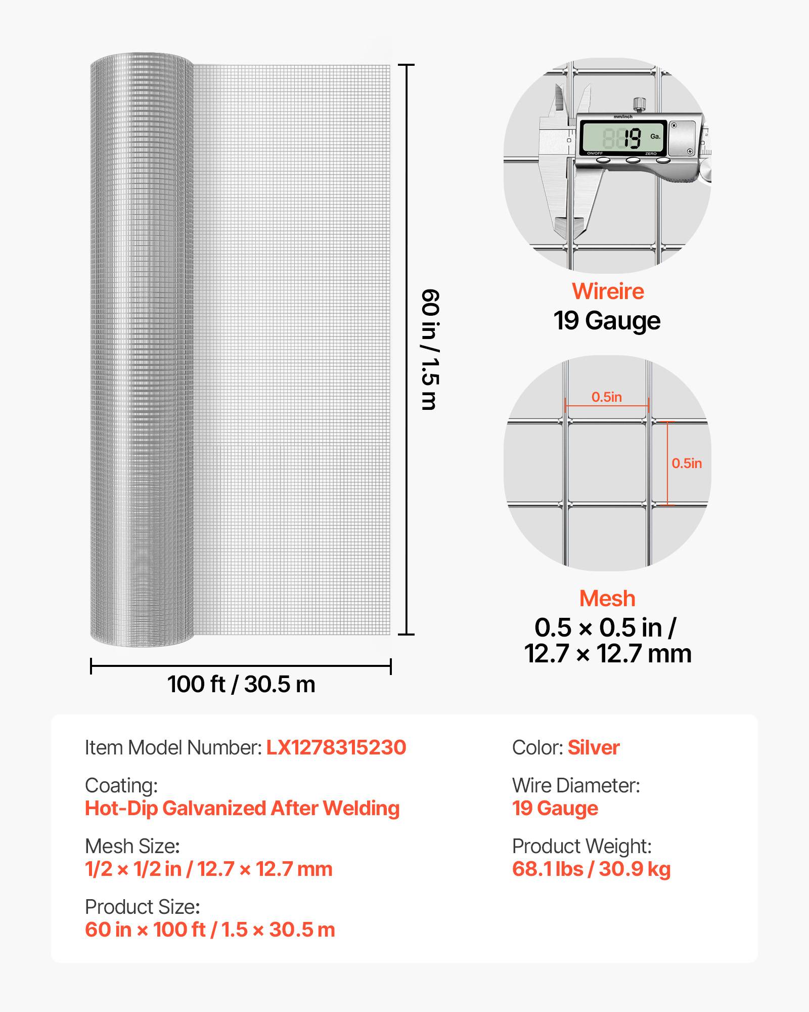 Vevor - VEVOR Grillage galvanisé rouleau 1,5 x 30,5 m, maille 12,7 mm, fil 1,27 mm calibre 19, protection poulailler et potager. - Image 6