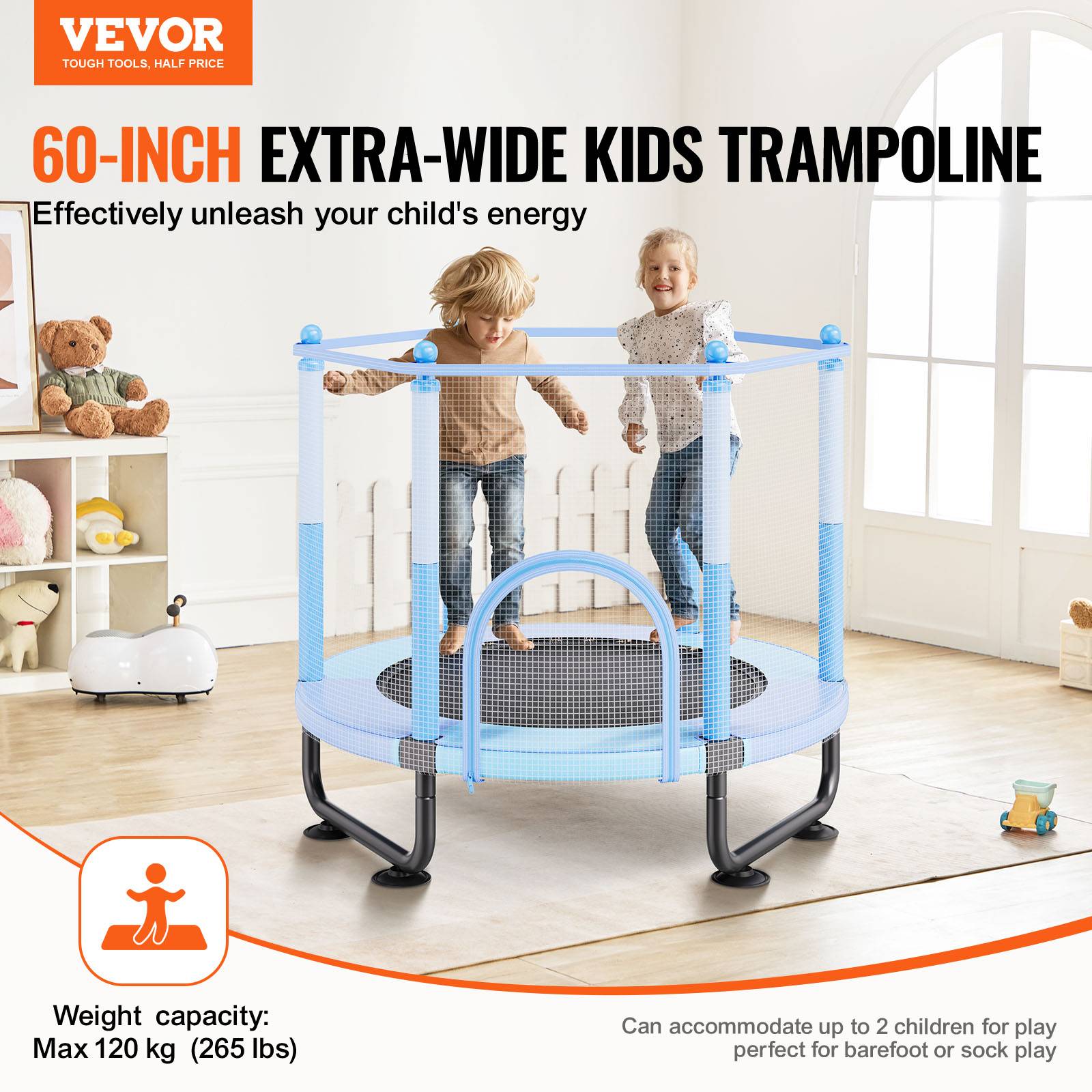 Vevor - VEVOR mini trampoline 1545 mm avec filet 360°, panier de basket et balle, pour enfants 3+ ans, bleu - Image 2