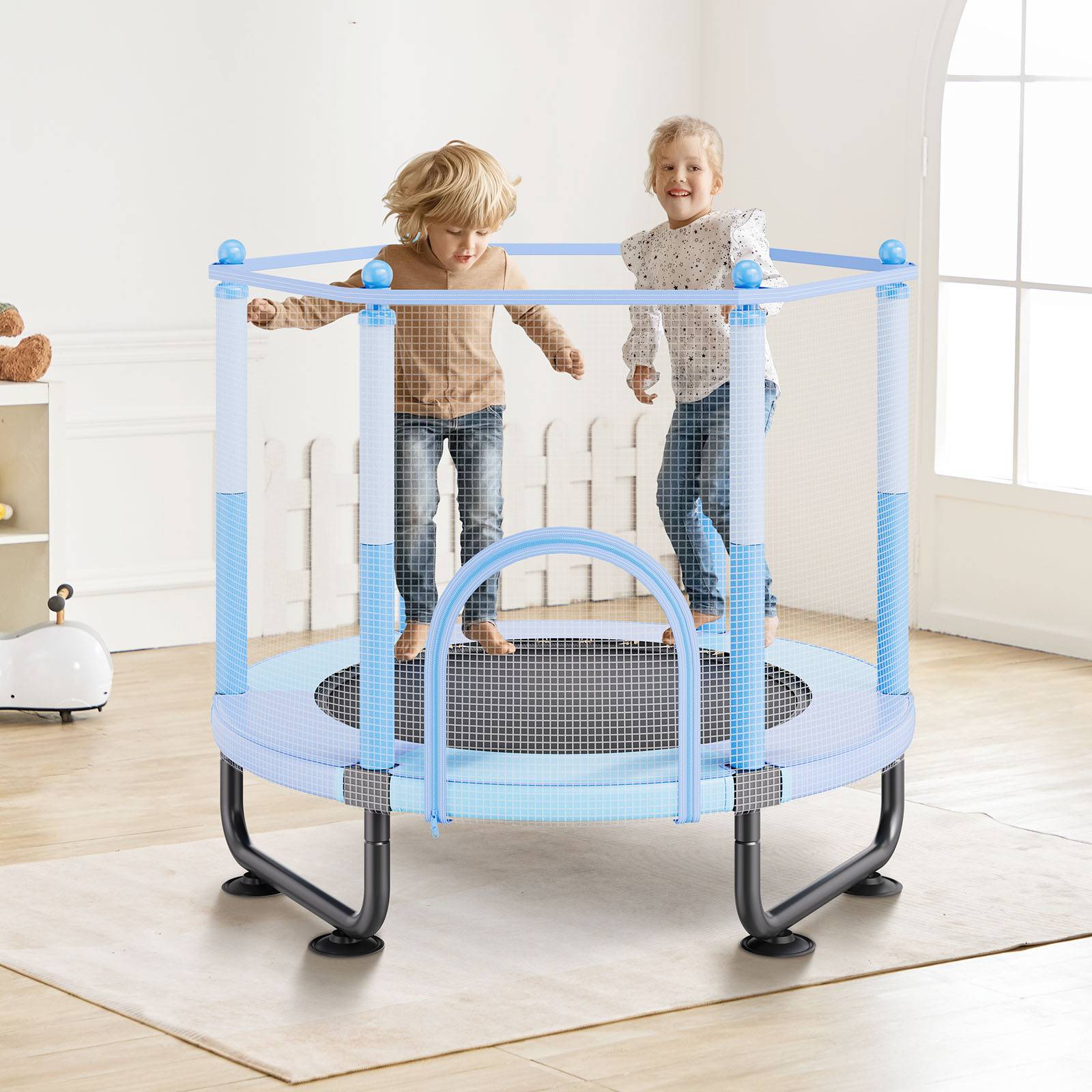 Vevor - VEVOR mini trampoline 1545 mm avec filet 360°, panier de basket et balle, pour enfants 3+ ans, bleu - Image 8