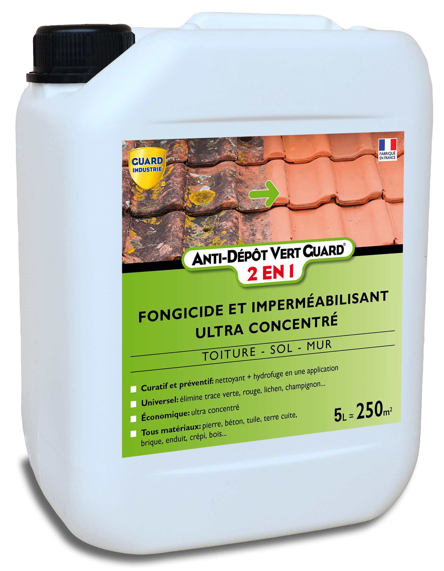 Anti Dépôt Vert Guard 2en1 Nettoyant Imperméabilisant Invisible Anti Verdissure 5 L traite 250 m²