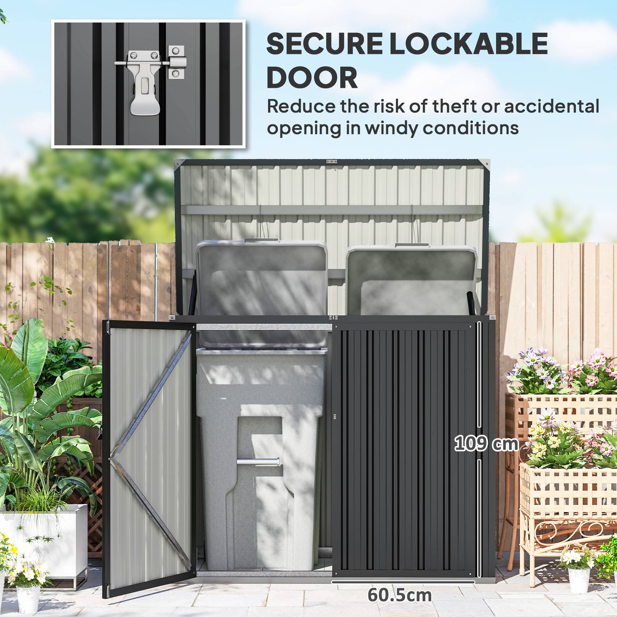 Outsunny - Cache poubelle extérieur double porte verrouillable - couvercle relevable - acier galvanisé - 150x80x117cm - gris - Outsunny - Image 9