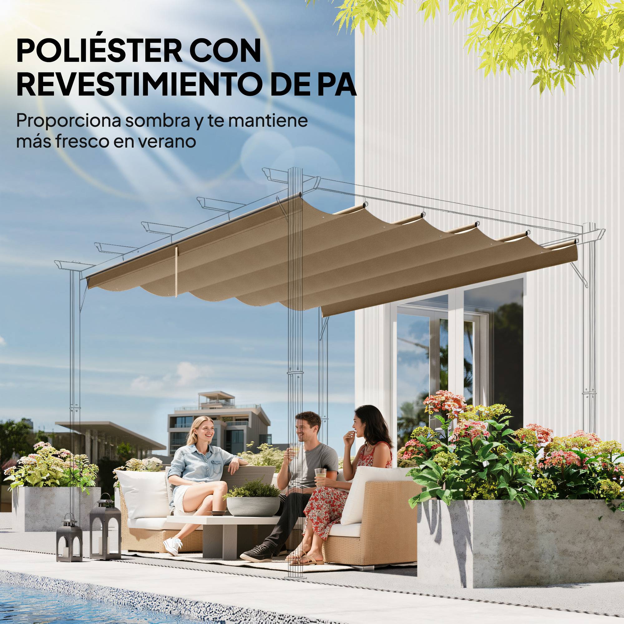 ComfortXL - Toile Rétractable pour Pergola 3x3m Polyester Anti-UV avec Trous de Drainage Brun - ComfortXL Outdoor Living - Image 7