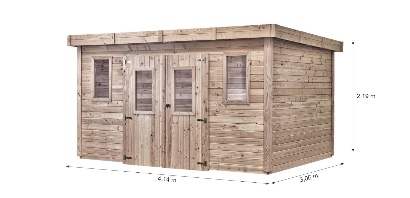 Habrita - Abri madriers bois massif traite très haute temperature 26 mm Surface exterieure 12,67 m 2 Toit plat bac acier - Image 2