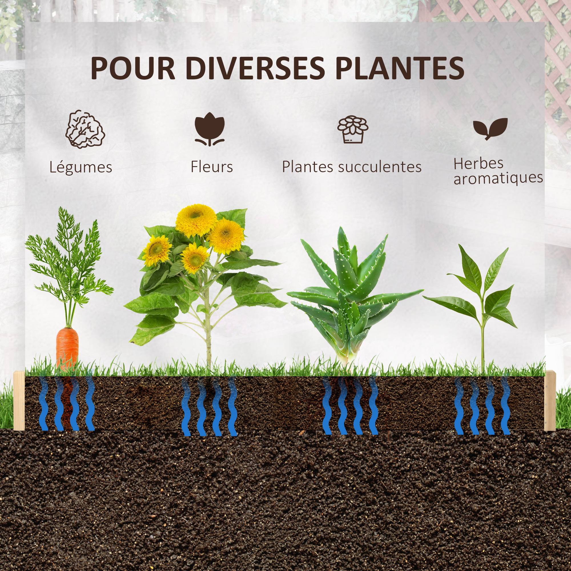 Sans Marque - Jardinière en bois carré potager de jardin sans fond facile à assembler 100 x 100 x 16 cm en bois massif bois naturel - Image 8