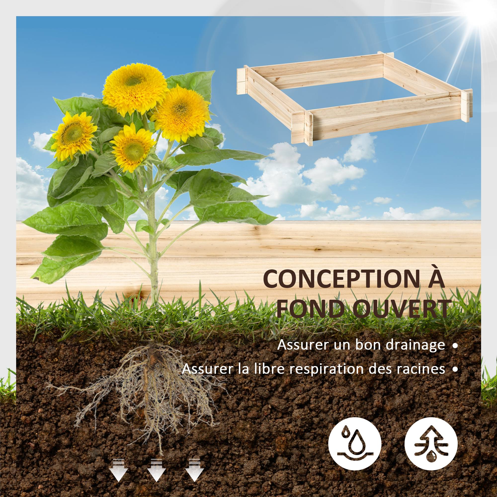 Sans Marque - Jardinière en bois carré potager de jardin sans fond facile à assembler 100 x 100 x 16 cm en bois massif bois naturel - Image 6