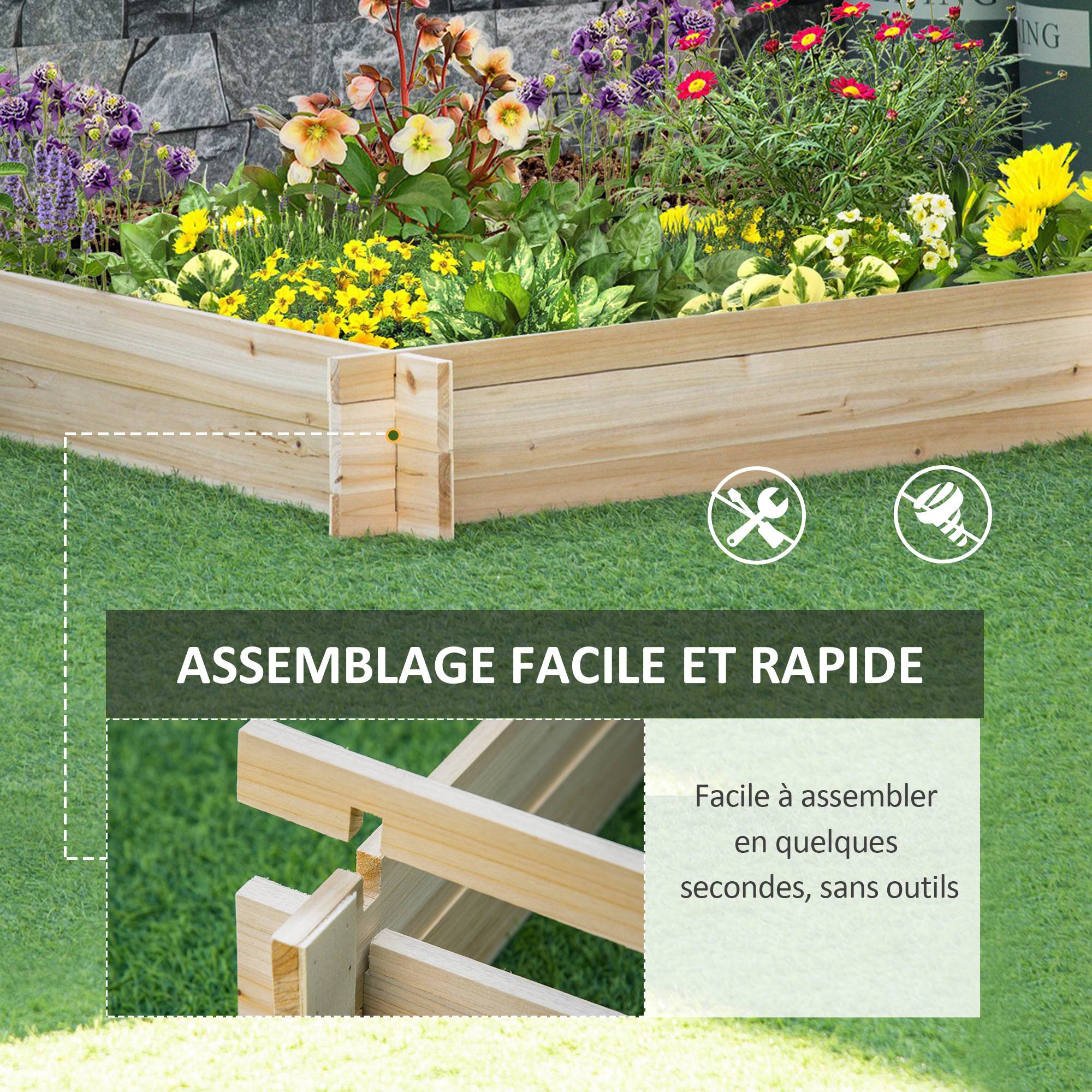 Sans Marque - Jardinière en bois carré potager de jardin sans fond facile à assembler 100 x 100 x 16 cm en bois massif bois naturel - Image 7