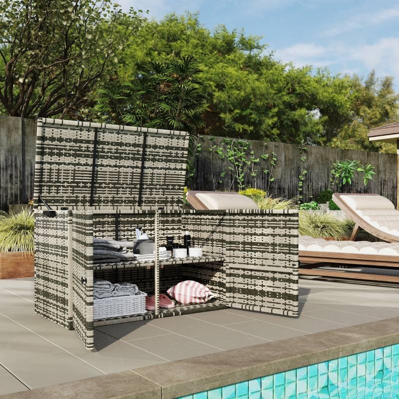 Coffre Jardin Résine Tressée 2 Niveaux 350L Vérins Gaz Gris 118cm - ComfortXL Outdoor Living - Image 7