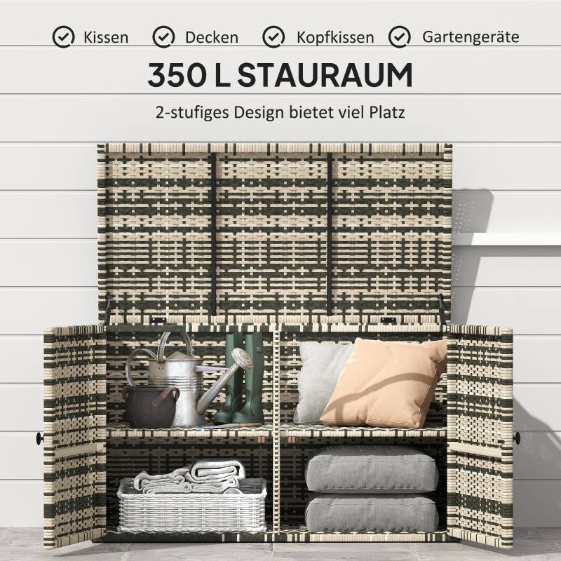 Coffre Jardin Résine Tressée 2 Niveaux 350L Vérins Gaz Gris 118cm - ComfortXL Outdoor Living - Image 4