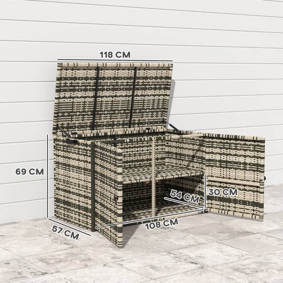 Coffre Jardin Résine Tressée 2 Niveaux 350L Vérins Gaz Gris 118cm - ComfortXL Outdoor Living - Image 3