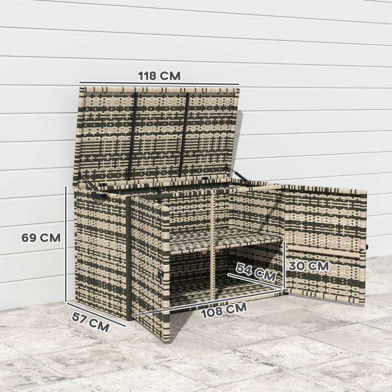 Coffre Jardin Résine Tressée 2 Niveaux 350L Vérins Gaz Gris 118cm - ComfortXL Outdoor Living - Image 3
