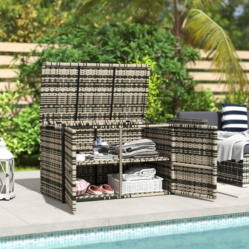 Coffre Jardin Résine Tressée 2 Niveaux 350L Vérins Gaz Gris 118cm - ComfortXL Outdoor Living - Image 1