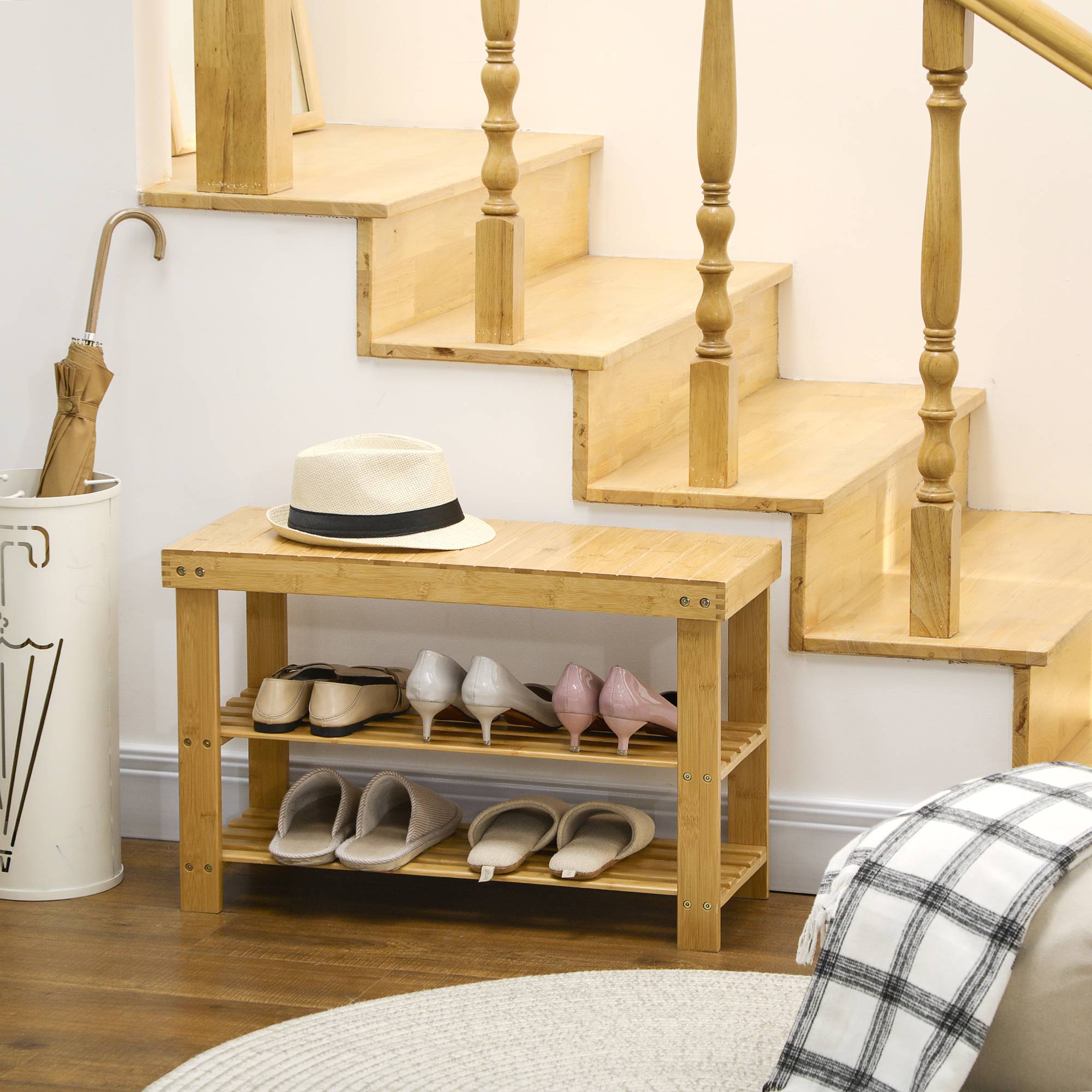 Banc à chaussures, 3 étagères, espace pour 6 à 9 paires de chaussures, jusqu'à 130 kg, bambou, 70 x 28 x 45 cm - Image 3