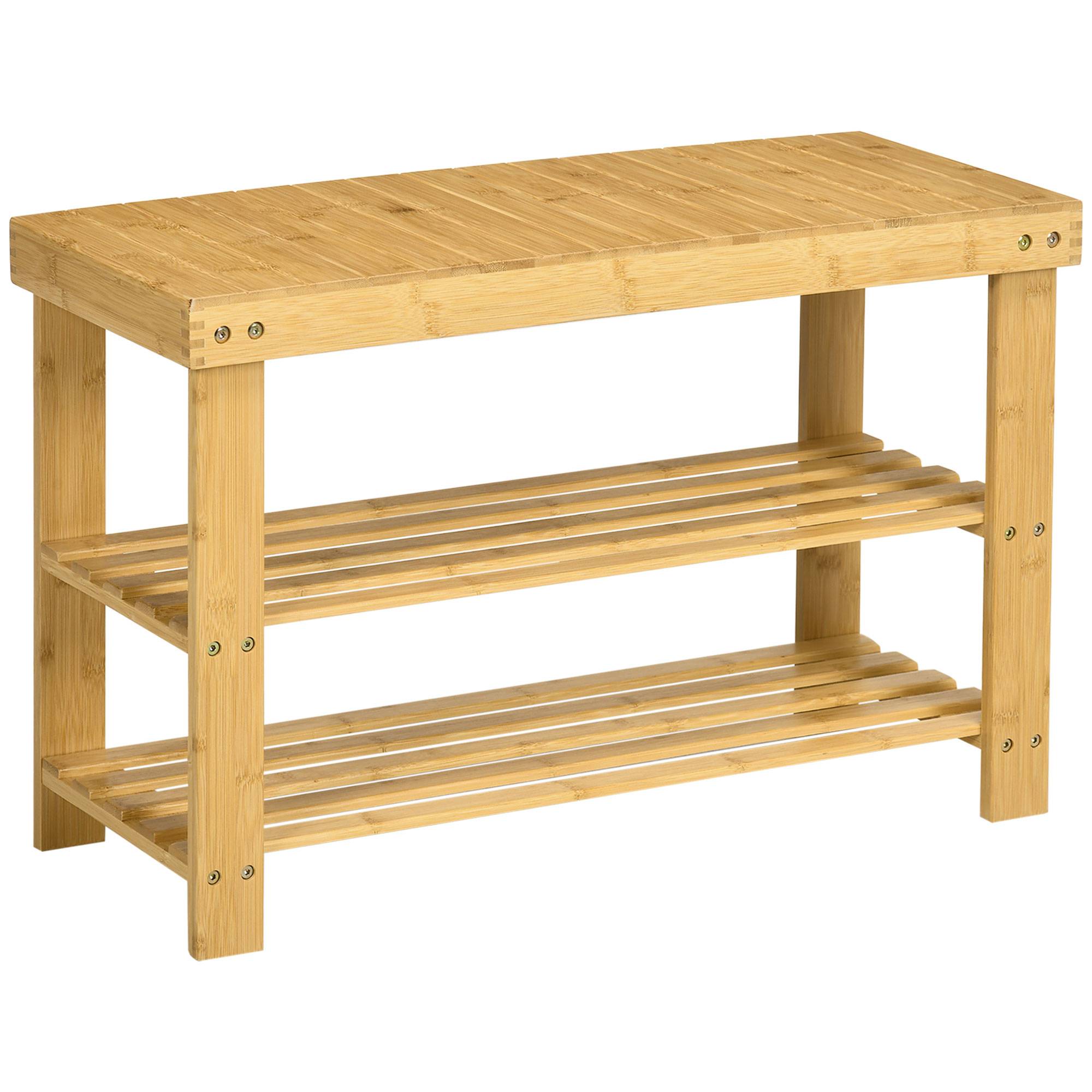 Banc à chaussures, 3 étagères, espace pour 6 à 9 paires de chaussures, jusqu'à 130 kg, bambou, 70 x 28 x 45 cm - Image 2