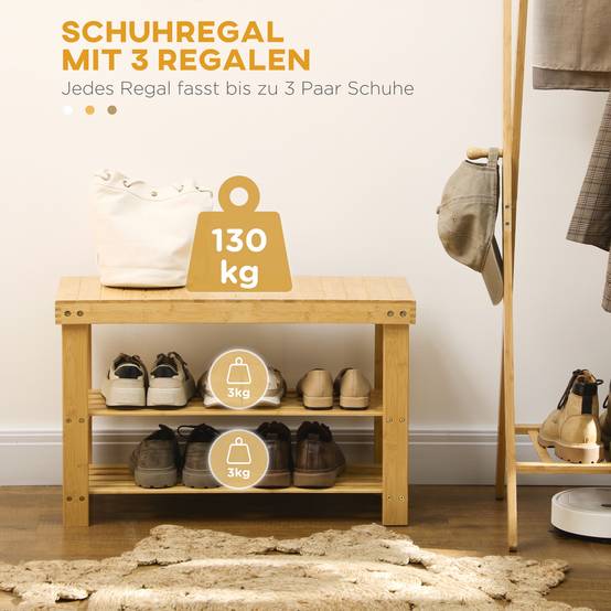 Banc à chaussures, 3 étagères, espace pour 6 à 9 paires de chaussures, jusqu'à 130 kg, bambou, 70 x 28 x 45 cm - Image 6