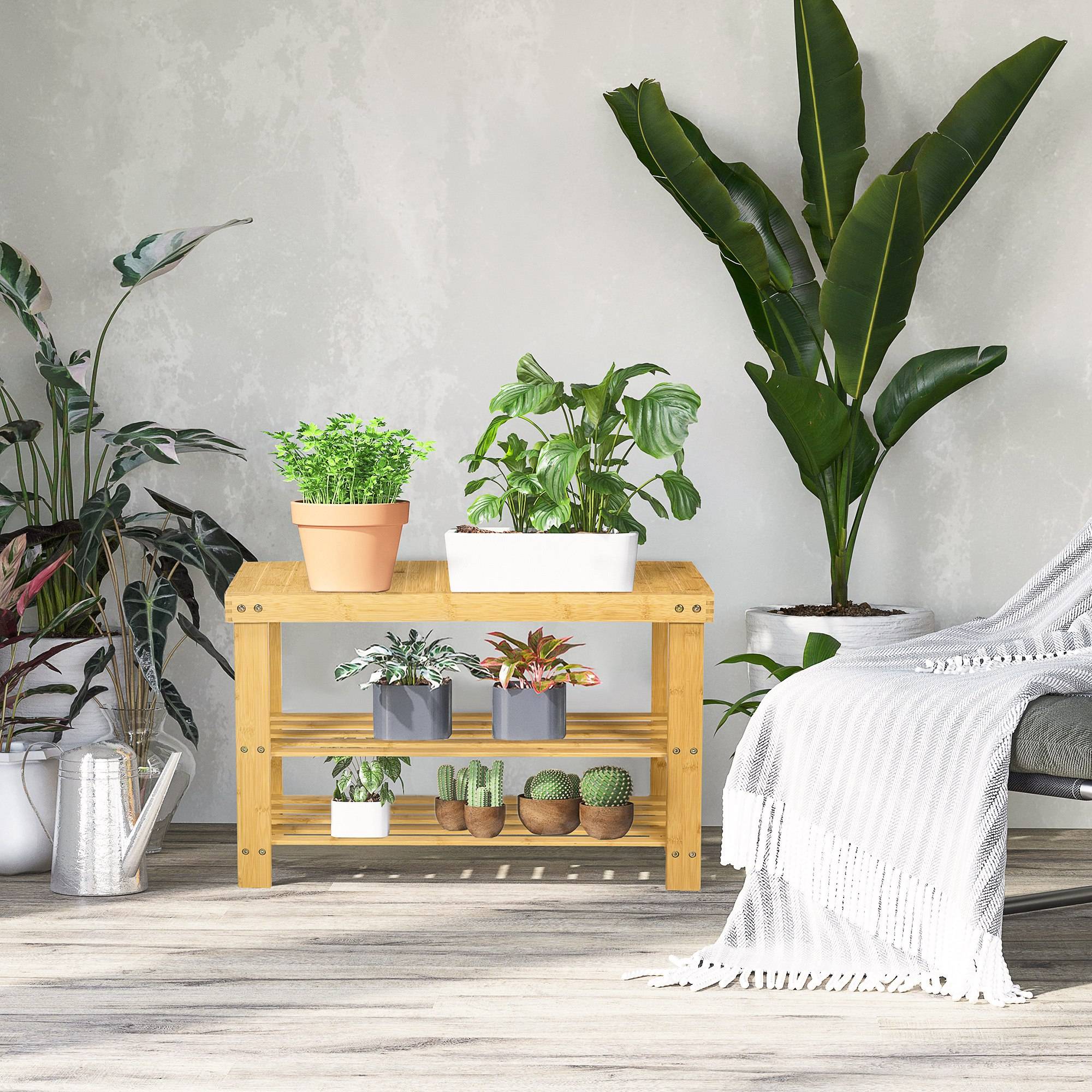 Banc à chaussures, 3 étagères, espace pour 6 à 9 paires de chaussures, jusqu'à 130 kg, bambou, 70 x 28 x 45 cm - Image 4