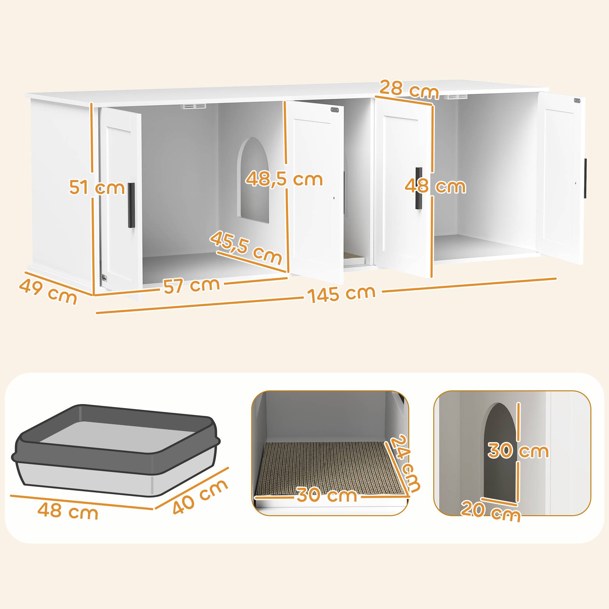 Armoire litière chat porte cloison litière grands chats 145x49x51 cm blanc - Image 5