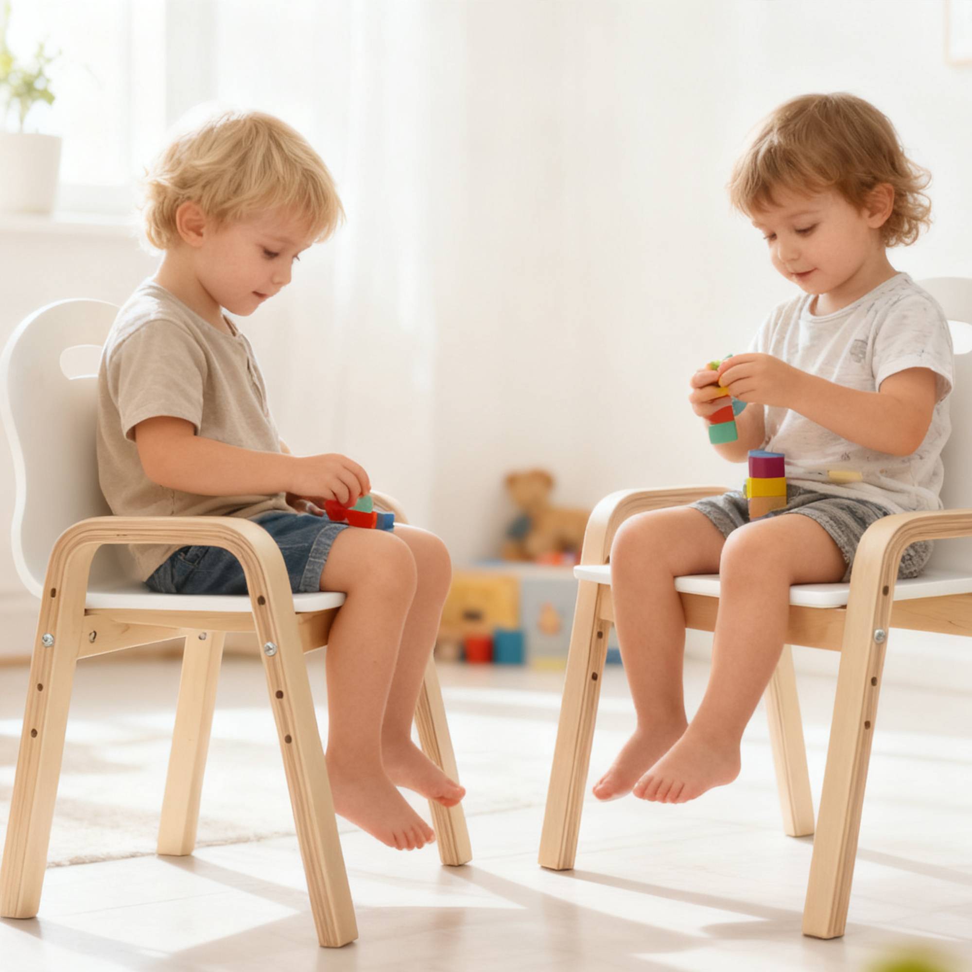 Ensemble chaises bois enfant, patins antidérapants, 3-9 ans, hauteur réglable, blanc - Image 3