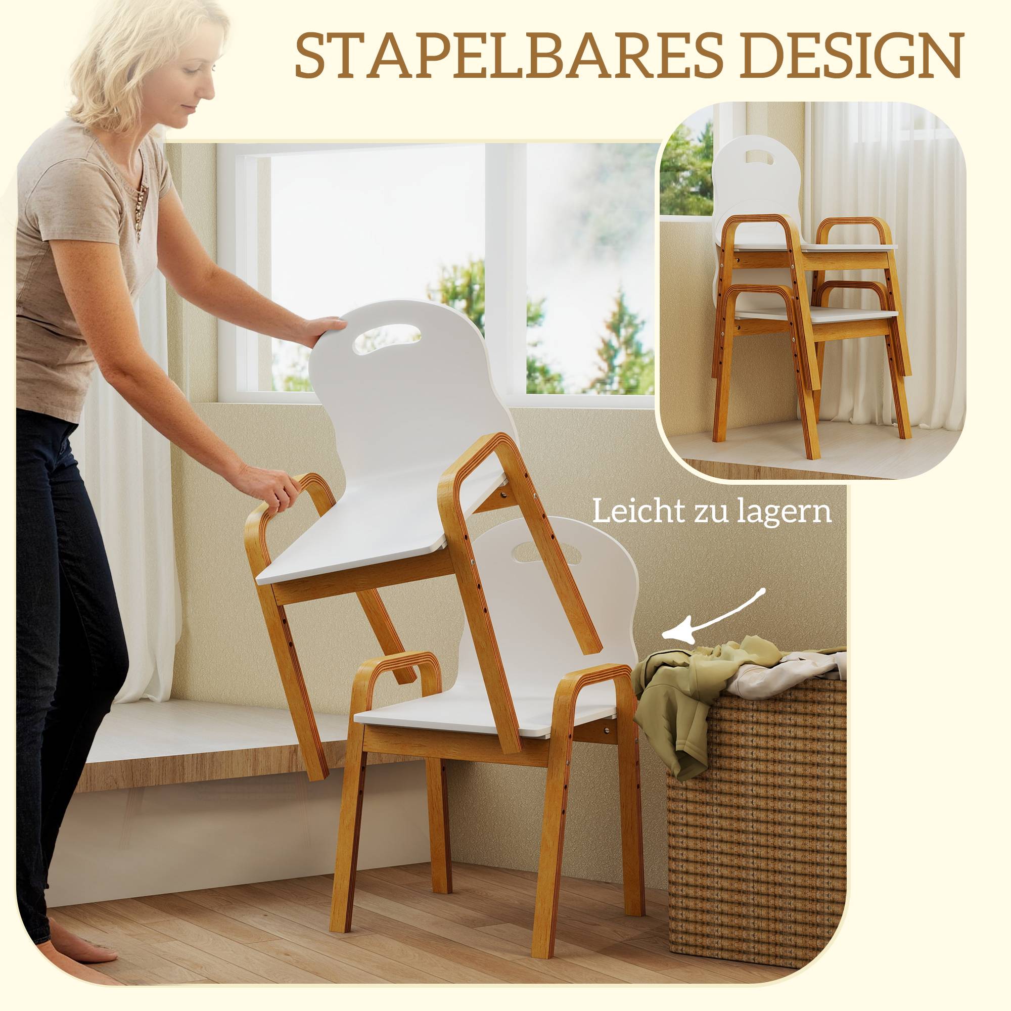 Ensemble chaises bois enfant, patins antidérapants, 3-9 ans, hauteur réglable, blanc - Image 9